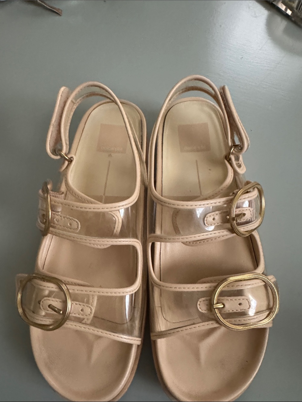 Dolce Vita Beige Clear-Strap Sandals with Gold Buckles